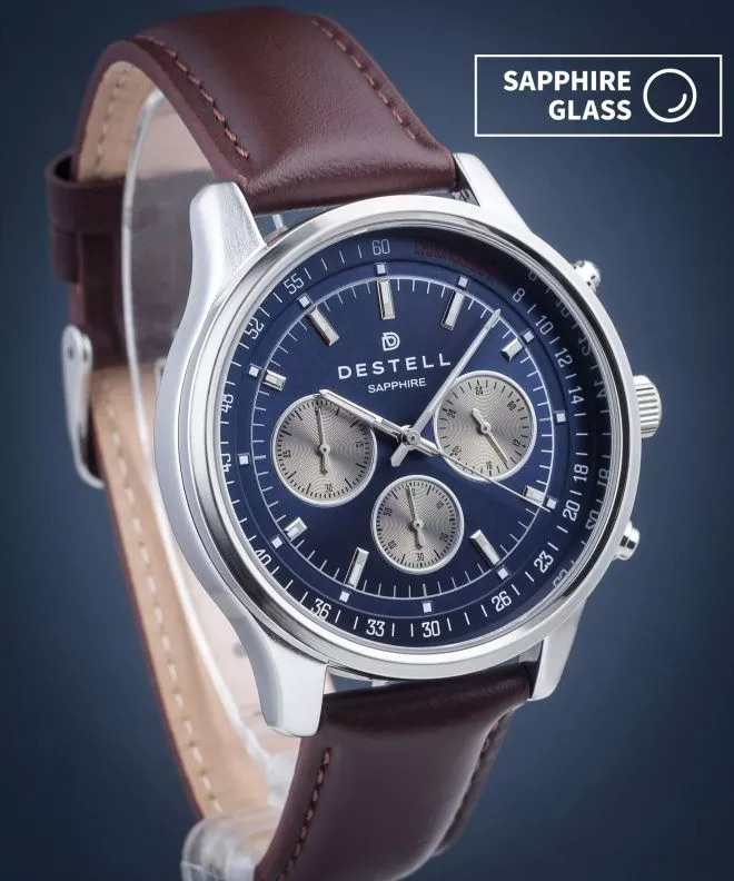 DESTELL Circinus Blue Silver Brown Leather Chronograph Sapphire férfi karóra CR415-35-209L