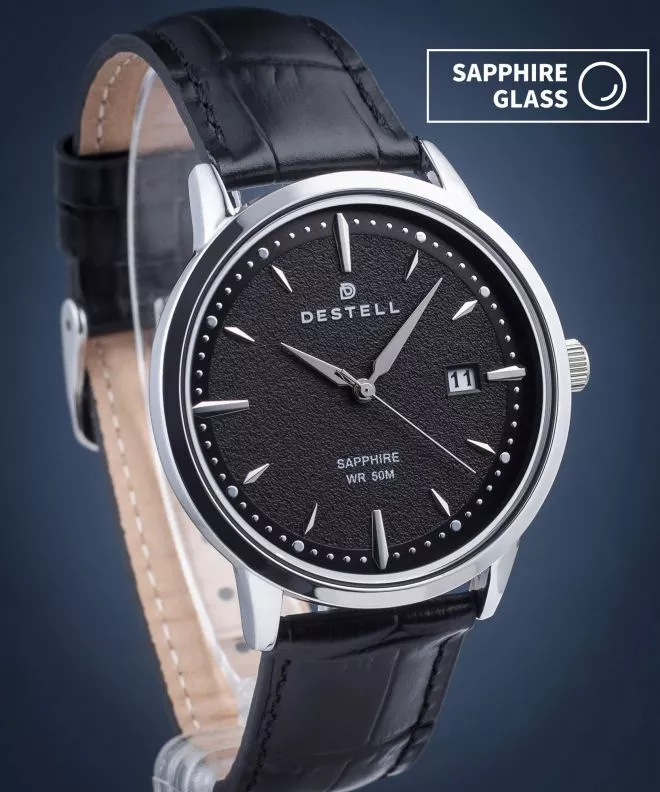 DESTELL Pictor Black Silver Leather Sapphire férfi karóra PT405-15-201L