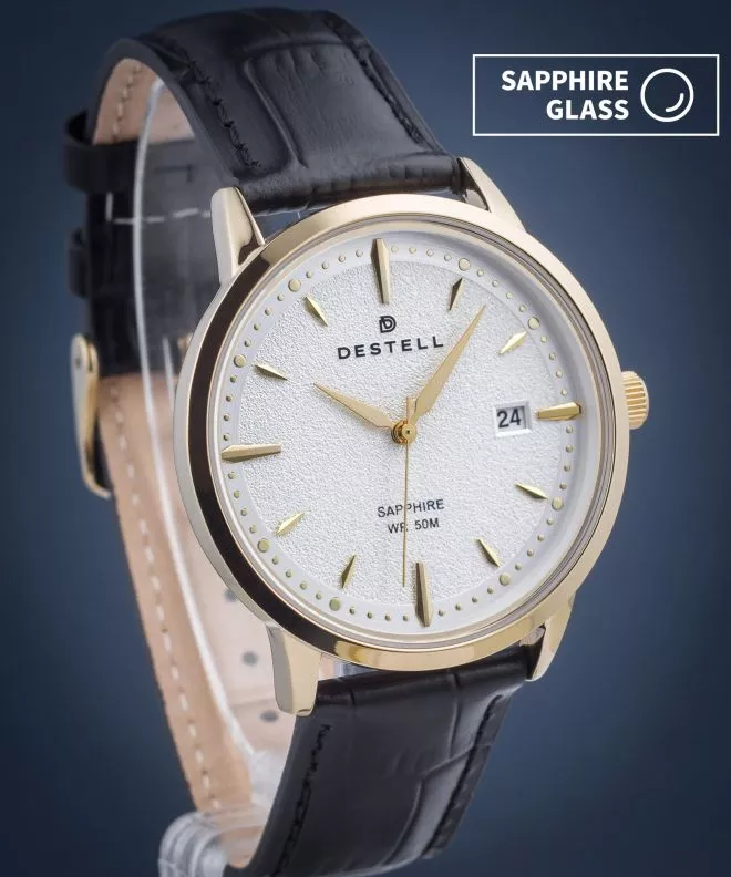 DESTELL Pictor Silver Gold Black Leather Sapphire férfi karóra PT404-55-201L