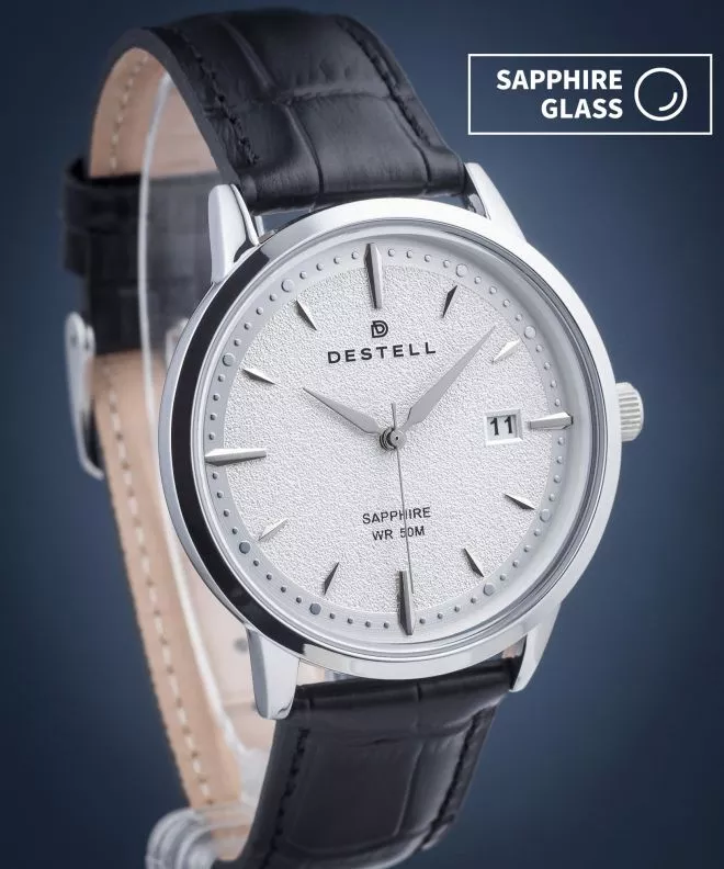DESTELL Pictor Silver Black Leather Sapphire férfi karóra PT405-55-201L