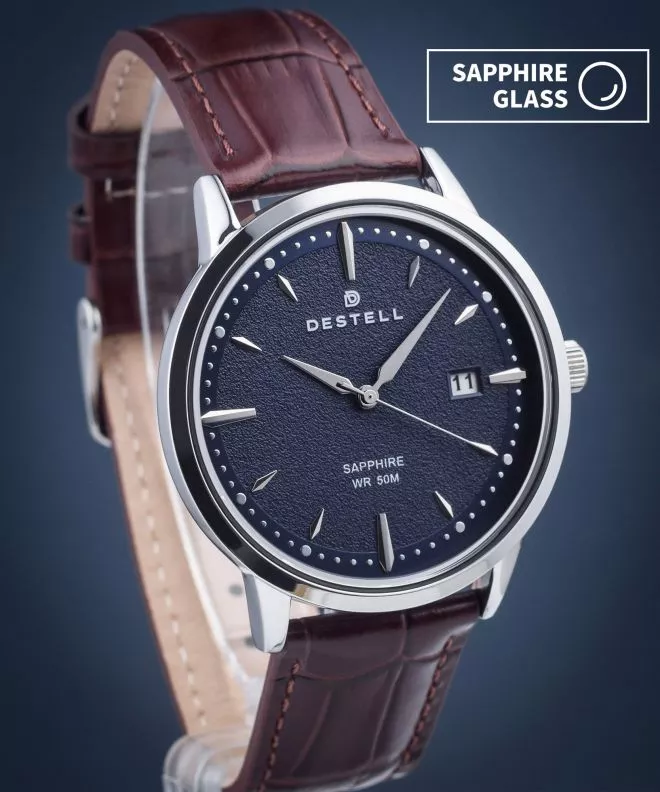 DESTELL Pictor Blue Silver Brown Leather Sapphire férfi karóra PT405-35-209L