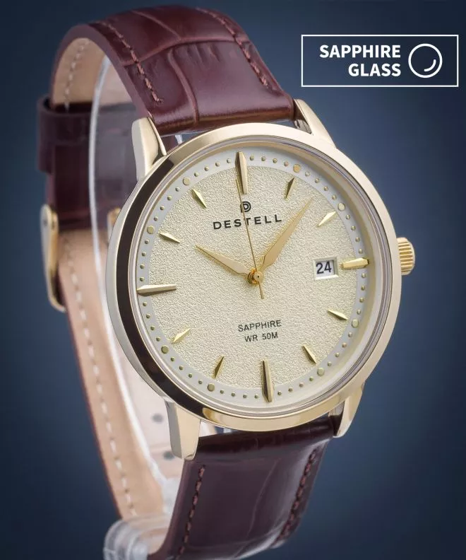 DESTELL Pictor Gold Brown Leather Sapphire férfi karóra PT404-44-209L