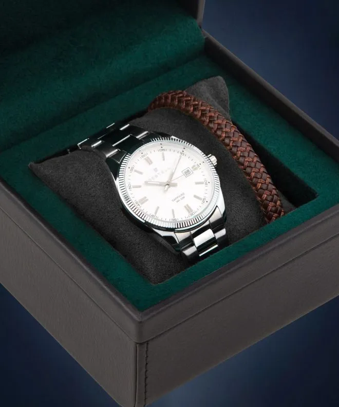 DESTELL Loup White Silver Steel Sapphire Gift Set férfi karóra LU3855-25-205S-1520-03