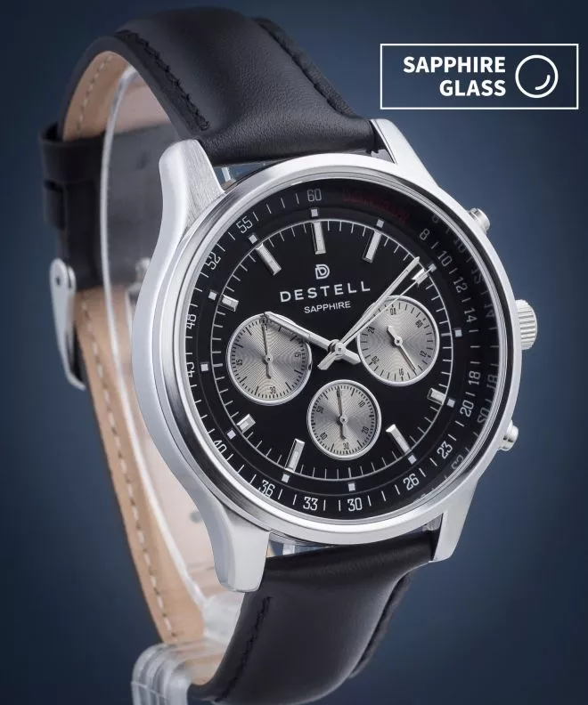 DESTELL Circinus Black Silver Leather Chronograph Sapphire férfi karóra CR415-15-201L