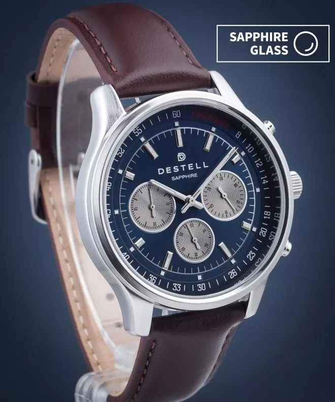 DESTELL Circinus Navy Blue Silver Brown Leather Chronograph Sapphire férfi karóra CR415-15-206L
