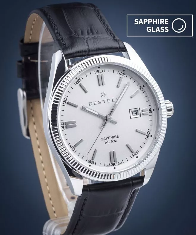 DESTELL Loup White Silver Black Leather Sapphire férfi karóra LU3855-25-201L