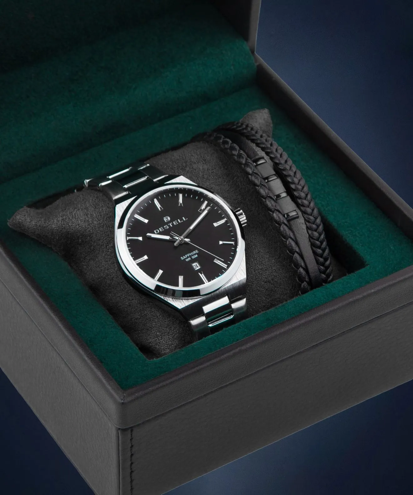DESTELL Aries Black Silver Steel Sapphire Gift Set férfi karóra AR405-15-205S-1120-04