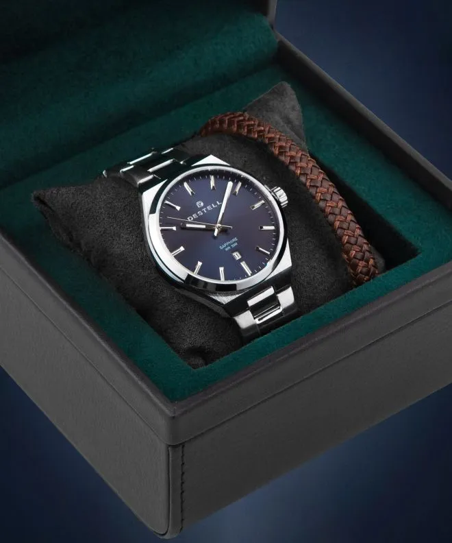 DESTELL Aries Navy Blue Silver Steel Sapphire Gift Set férfi karóra AR405-35-205S-9520-02