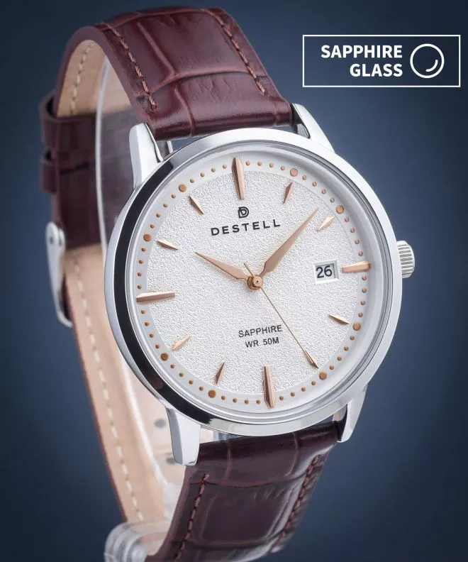 DESTELL Pictor Silver Brown Leather Sapphire férfi karóra PT405-57-209L