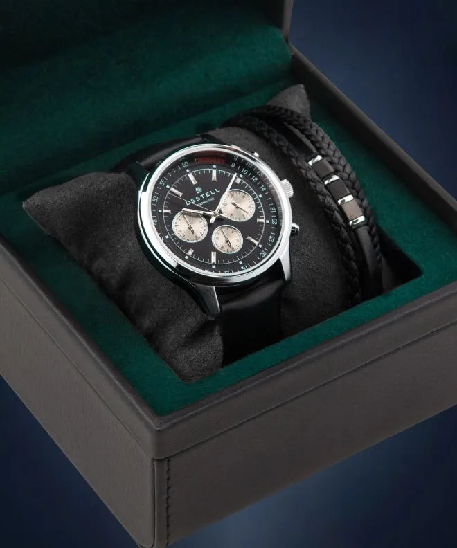 DESTELL Circinus Black Silver Leather Chronograph Sapphire Gift Set férfi karóra CR415-15-201L-1520-03