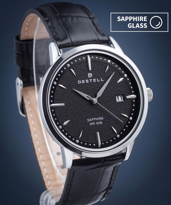 DESTELL Pictor Black Silver Leather Sapphire férfi karóra PT405-15-201L