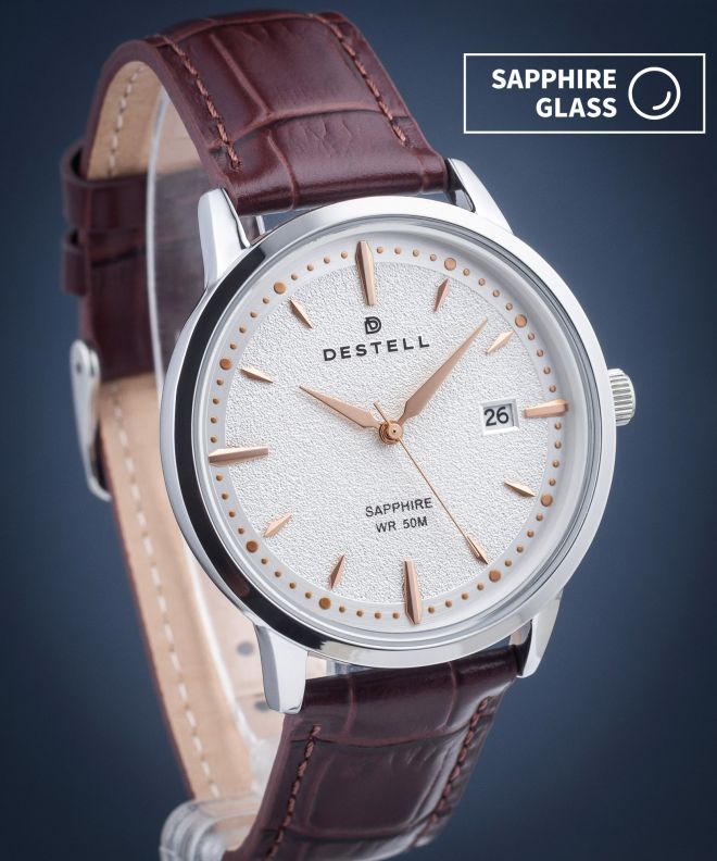 DESTELL Pictor Silver Brown Leather Sapphire férfi karóra PT405-57-209L