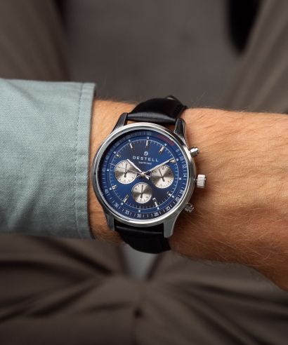 DESTELL Circinus Blue Silver Black Leather Chronograph Sapphire férfi karóra