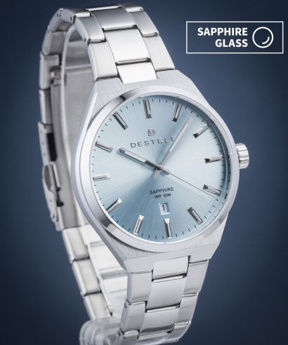 DESTELL Aries Ice Blue Silver Steel Sapphire férfi karóra