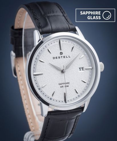 DESTELL Pictor Silver Black Leather Sapphire férfi karóra