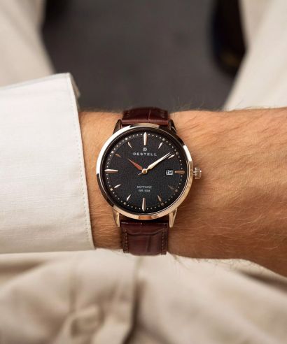 DESTELL Pictor Black Rose Gold Brown Leather Sapphire férfi karóra