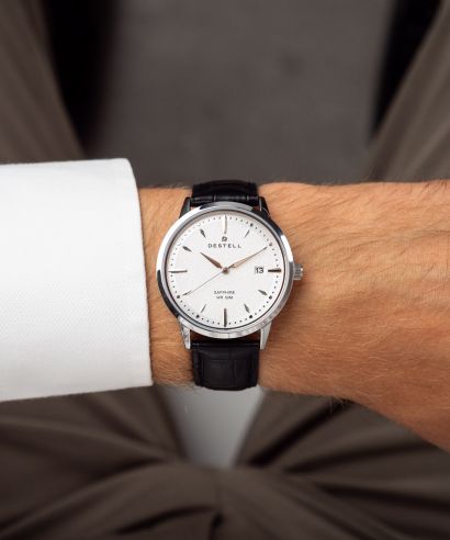 DESTELL Pictor Silver Black Leather Sapphire férfi karóra