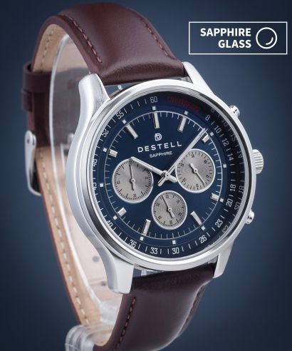 DESTELL Circinus Navy Blue Silver Brown Leather Chronograph Sapphire férfi karóra