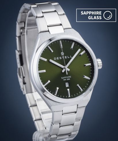 DESTELL Aries Green Silver Steel Sapphire férfi karóra
