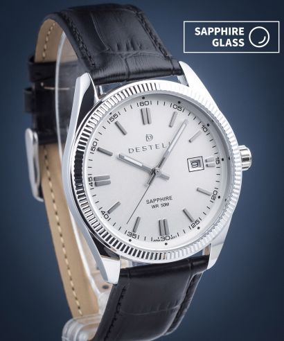 DESTELL Loup White Silver Black Leather Sapphire férfi karóra