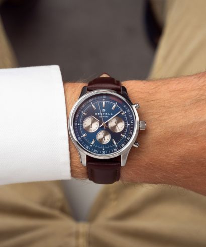 DESTELL Circinus Navy Blue Silver Brown Leather Chronograph Sapphire férfi karóra