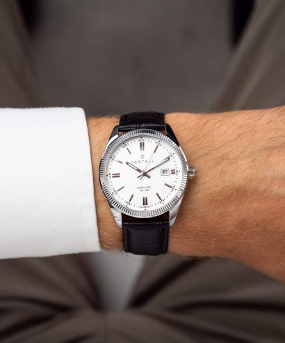 DESTELL Loup White Silver Black Leather Sapphire férfi karóra