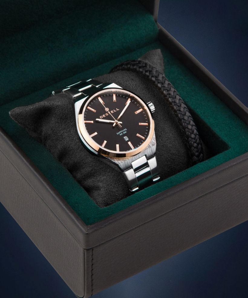 DESTELL Aries Black Silver Steel Sapphire Gift Set férfi karóra