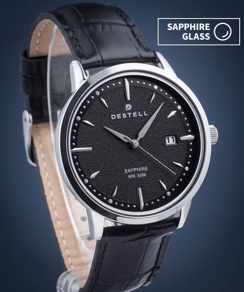DESTELL Pictor Black Silver Leather Sapphire férfi karóra