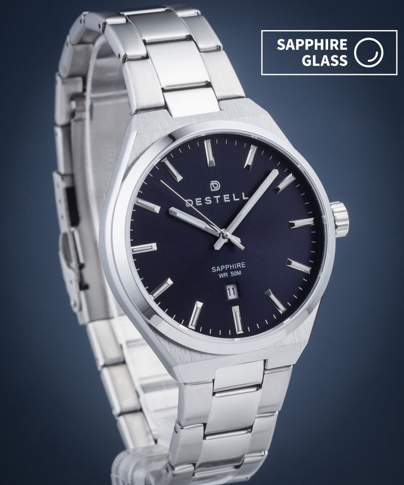 DESTELL Aries Navy Blue Silver Steel Sapphire férfi karóra