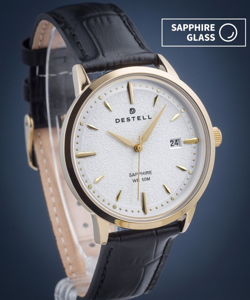 DESTELL Pictor Silver Gold Black Leather Sapphire férfi karóra