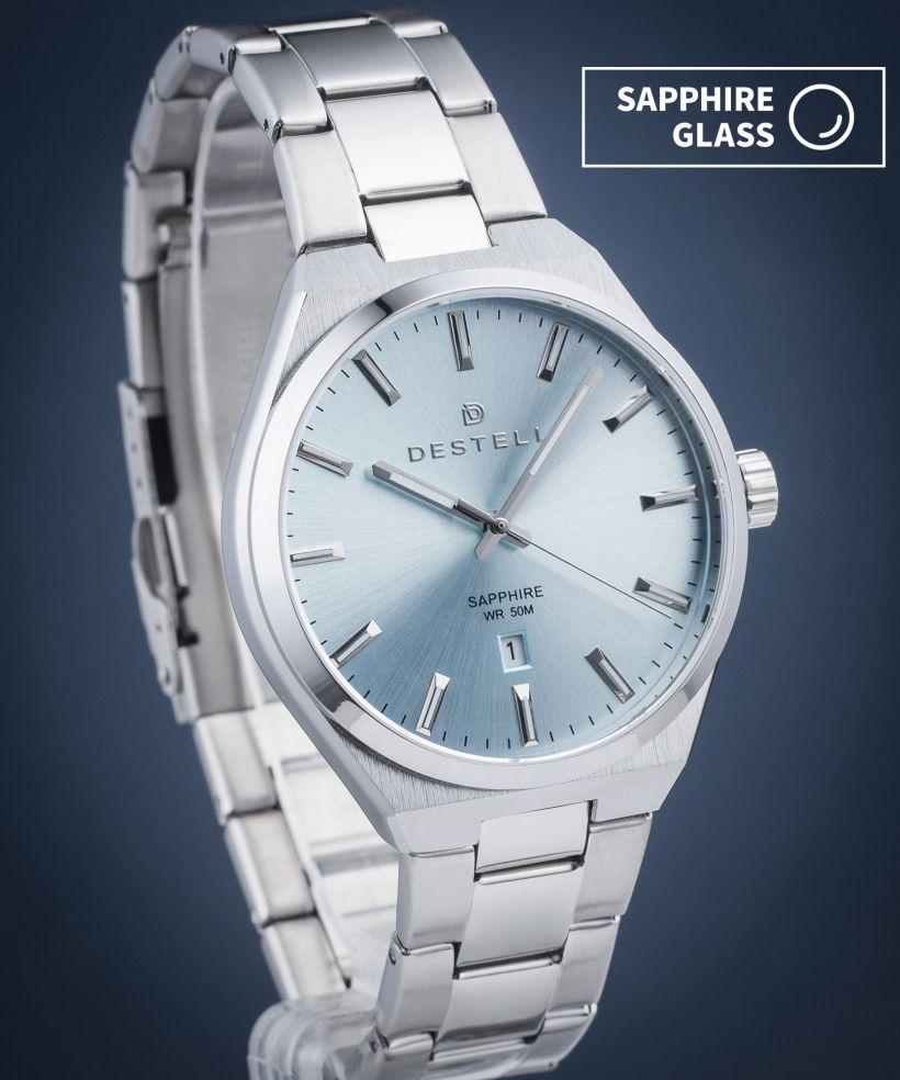 DESTELL Aries Ice Blue Silver Steel Sapphire férfi karóra