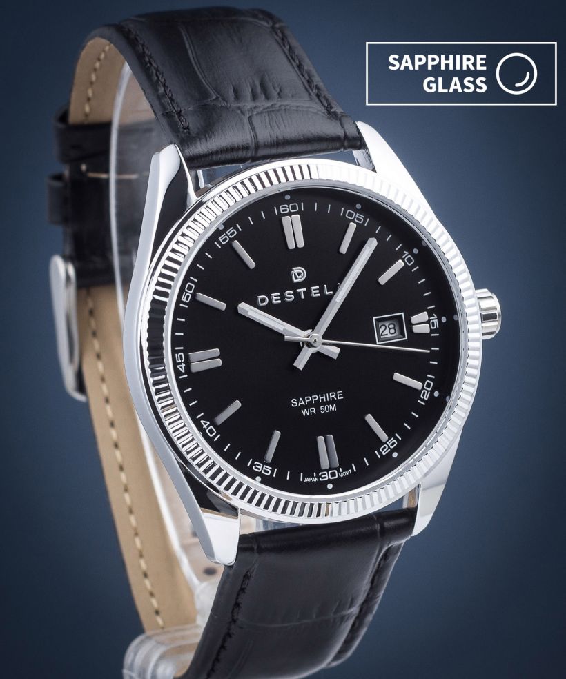 DESTELL Loup Black Silver Leather Sapphire férfi karóra