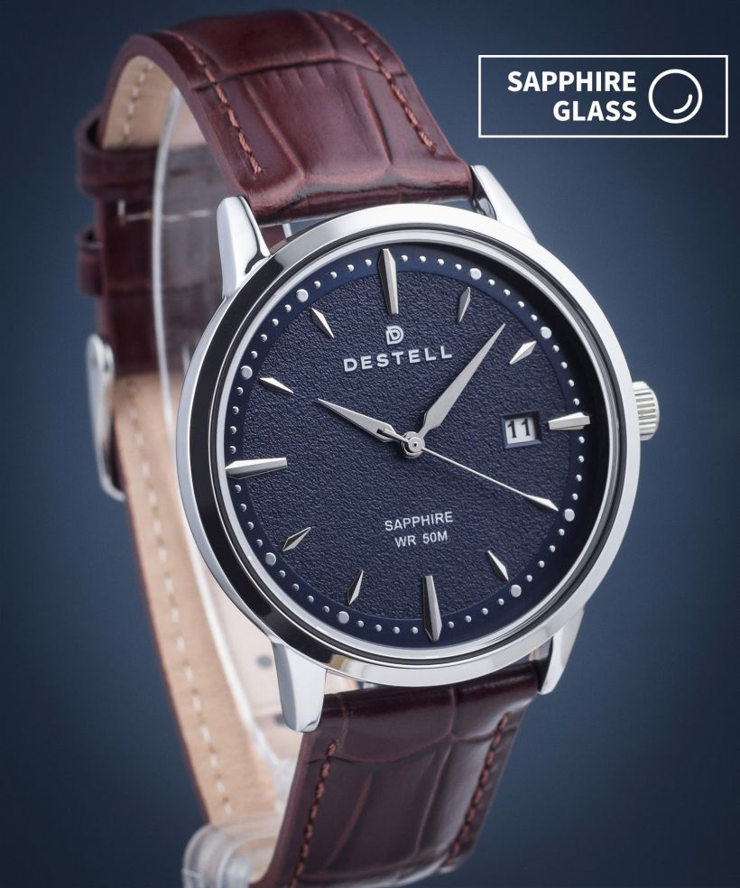 DESTELL Pictor Blue Silver Brown Leather Sapphire férfi karóra