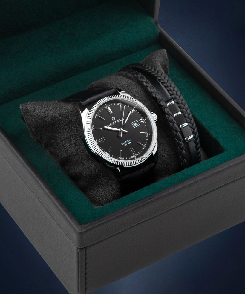 DESTELL Loup Black Silver Leather Sapphire Gift Set férfi karóra