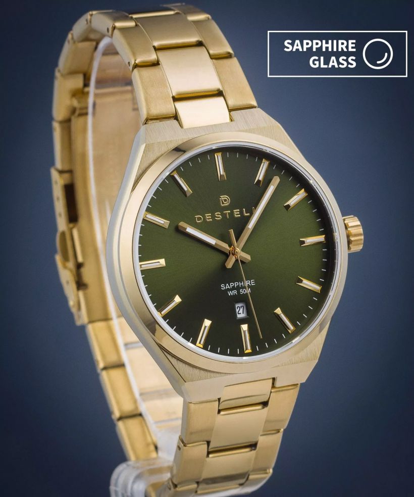 DESTELL Aries Green Gold Steel Sapphire férfi karóra