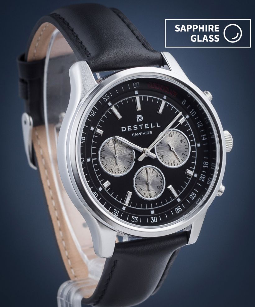 DESTELL Circinus Black Silver Leather Chronograph Sapphire férfi karóra