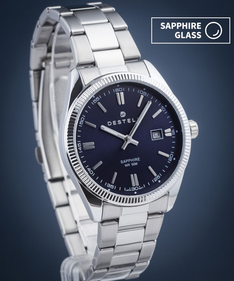 DESTELL Loup Blue Silver Steel Sapphire férfi karóra