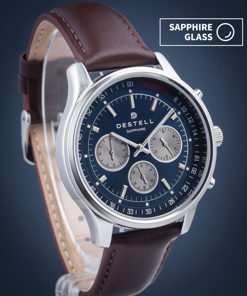 DESTELL Circinus Navy Blue Silver Brown Leather Chronograph Sapphire férfi karóra