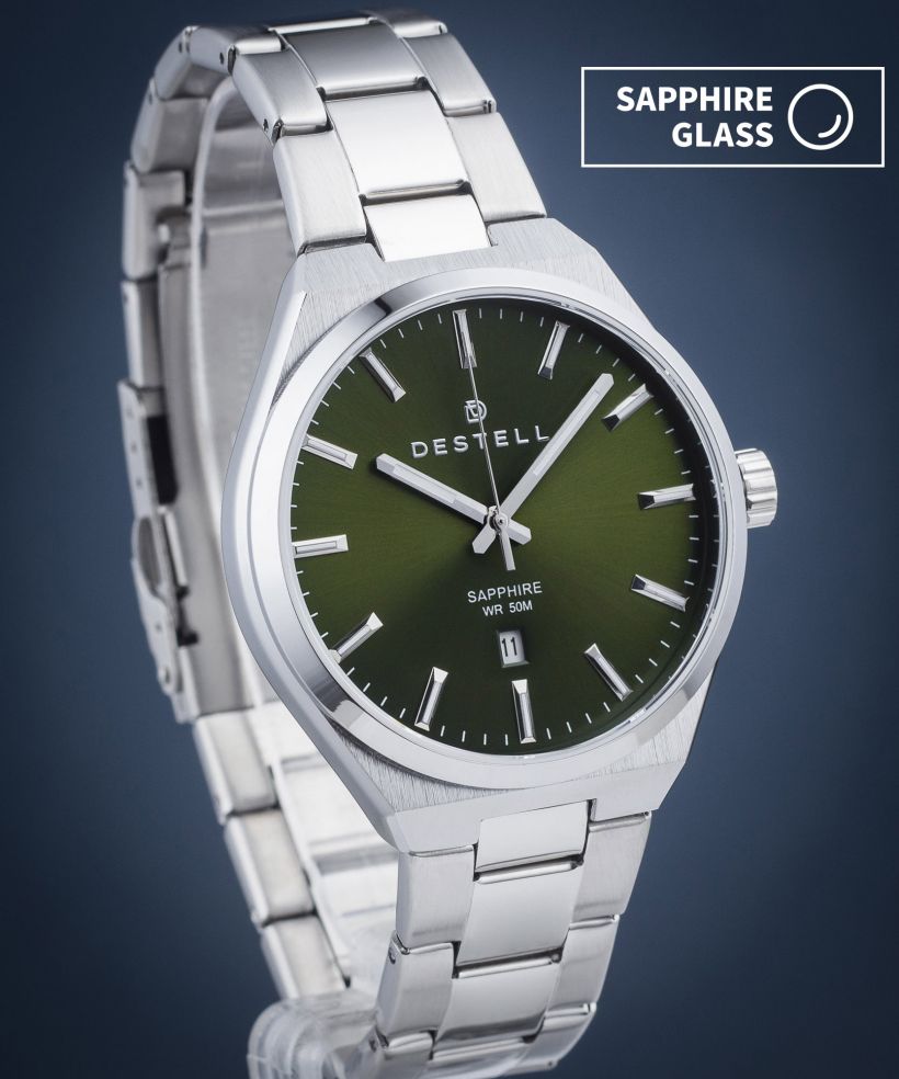 DESTELL Aries Green Silver Steel Sapphire férfi karóra
