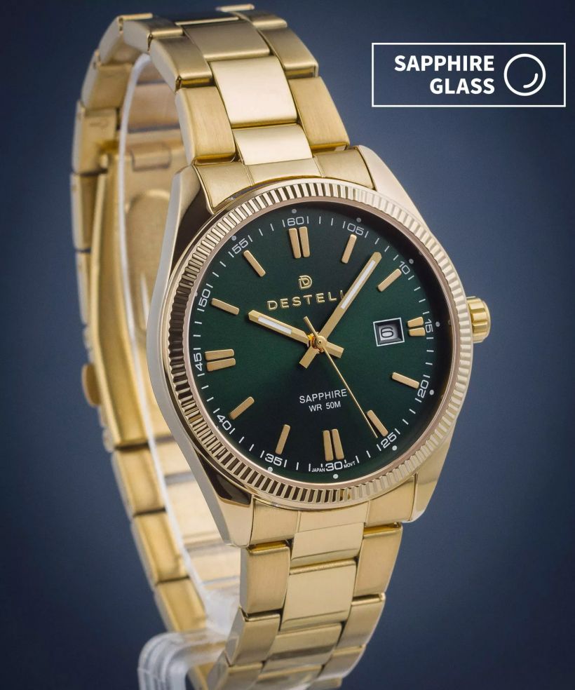 DESTELL Loup Green Gold Steel Sapphire férfi karóra