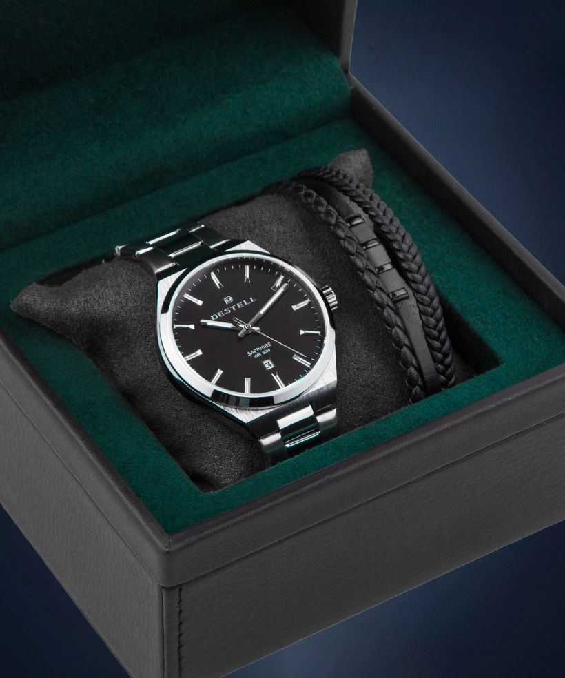 DESTELL Aries Black Silver Steel Sapphire Gift Set férfi karóra