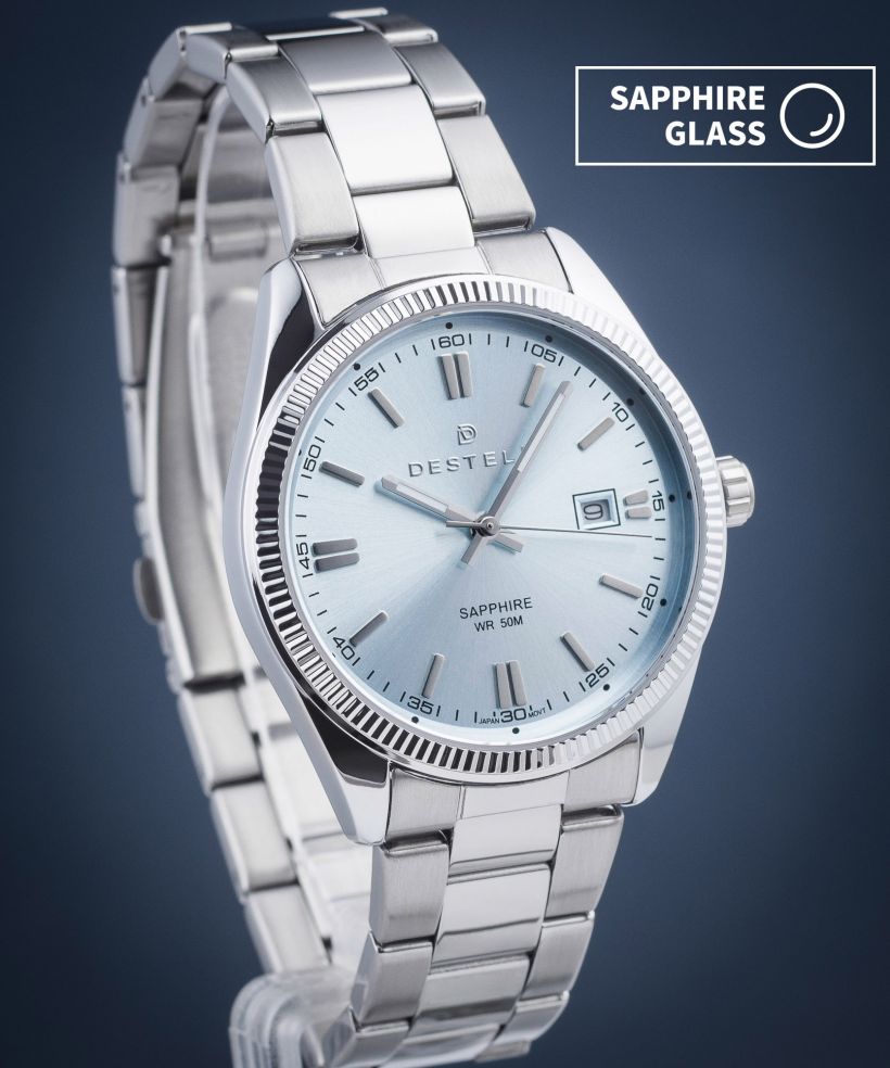 DESTELL Loup Ice Blue Silver Steel Sapphire férfi karóra