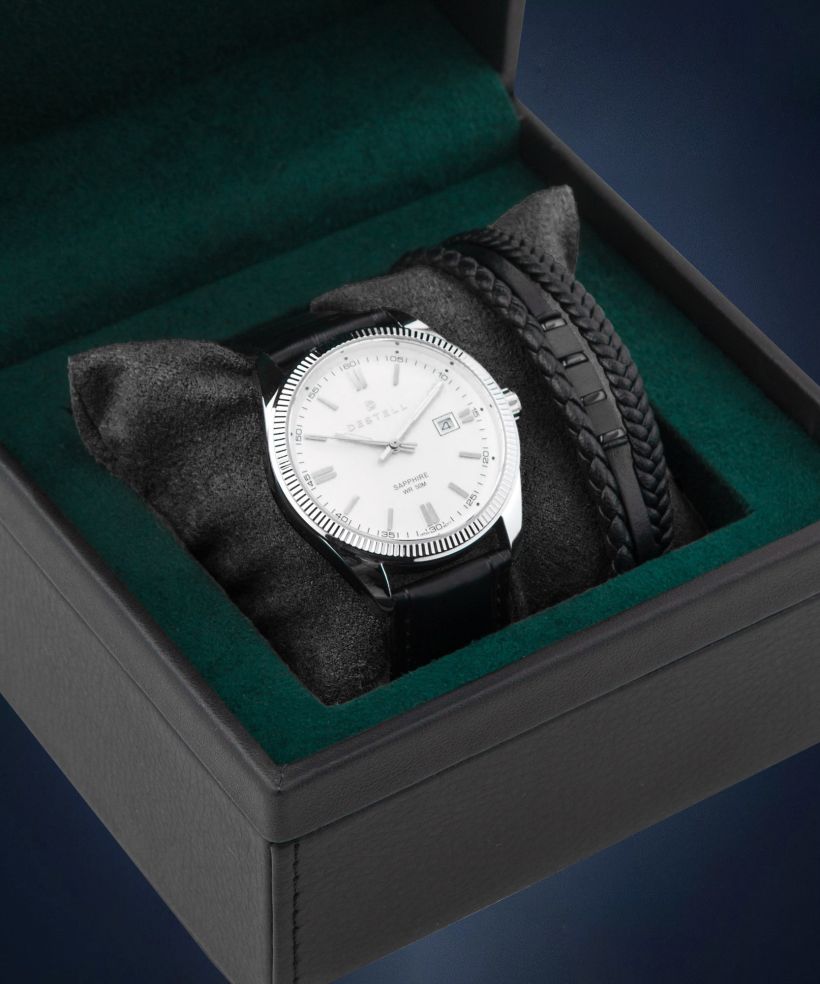 DESTELL Loup White Silver Black Leather Sapphire Gift Set férfi karóra