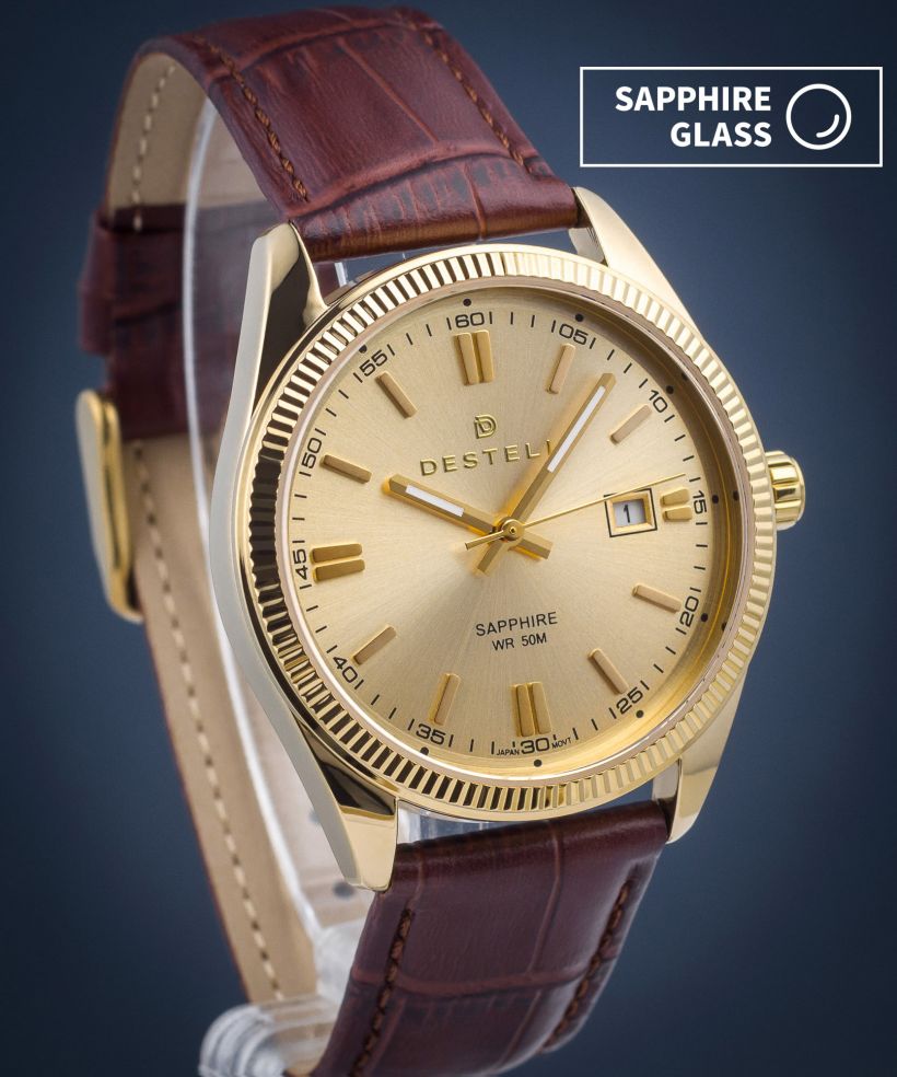 DESTELL Loup Gold Brown Leather Sapphire férfi karóra