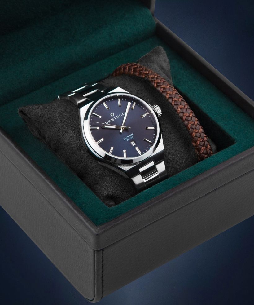 DESTELL Aries Navy Blue Silver Steel Sapphire Gift Set férfi karóra