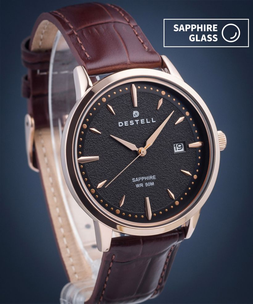 DESTELL Pictor Black Rose Gold Brown Leather Sapphire férfi karóra