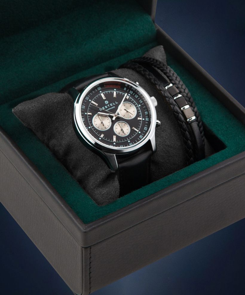 DESTELL Circinus Black Silver Leather Chronograph Sapphire Gift Set férfi karóra